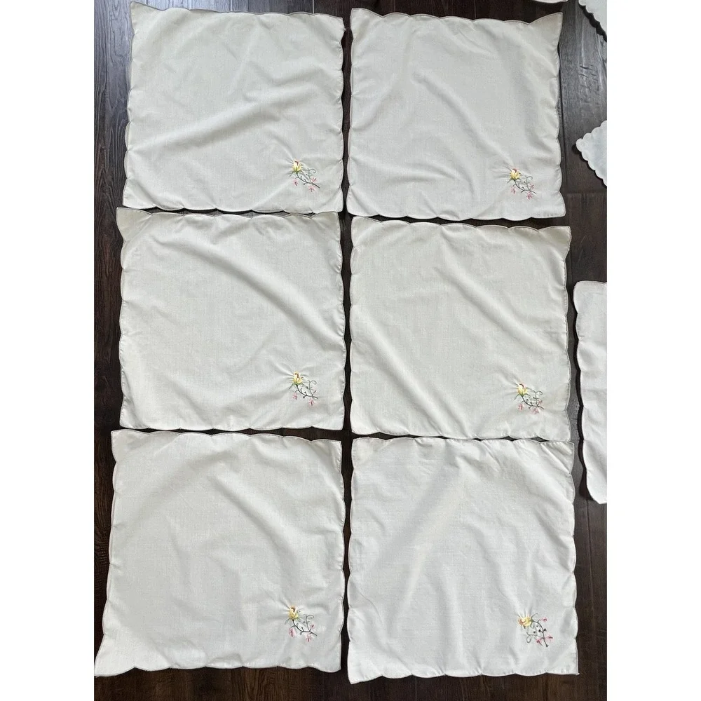 Vintage Linen Napkins Beige Embroidered Flower Rose Scallop Edge 15 3 Design Mix